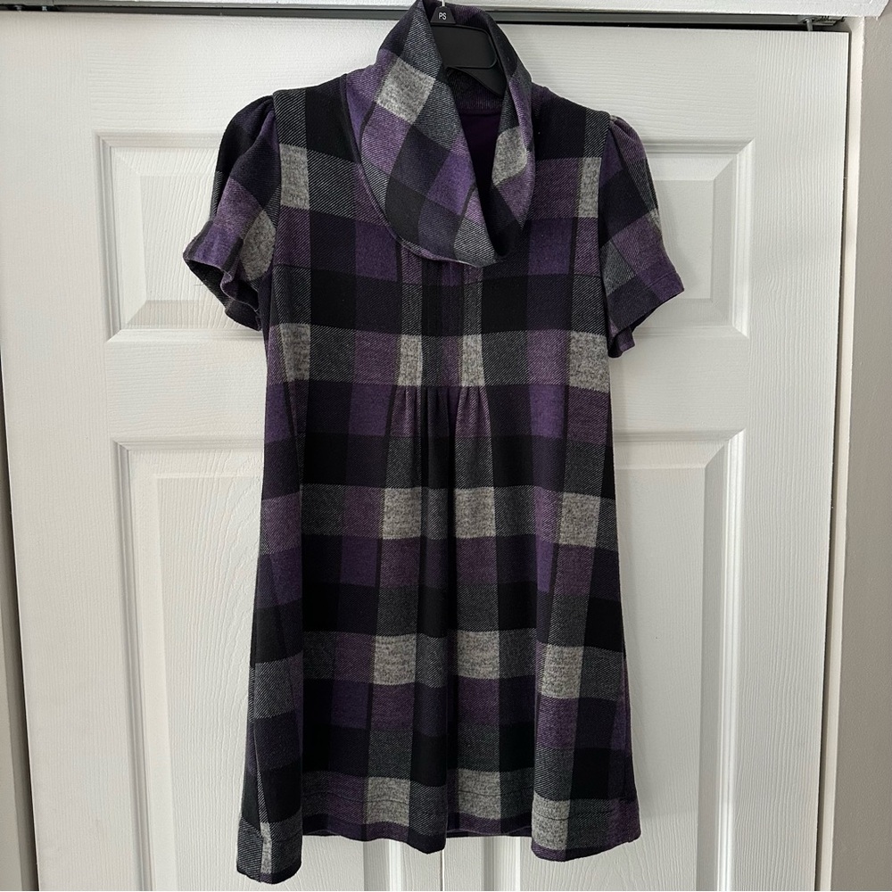 Purple and Black Plaid Dress with Cowl Neck